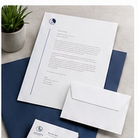 Print and production mockup with generic letterheads, envelopes, and business cards.